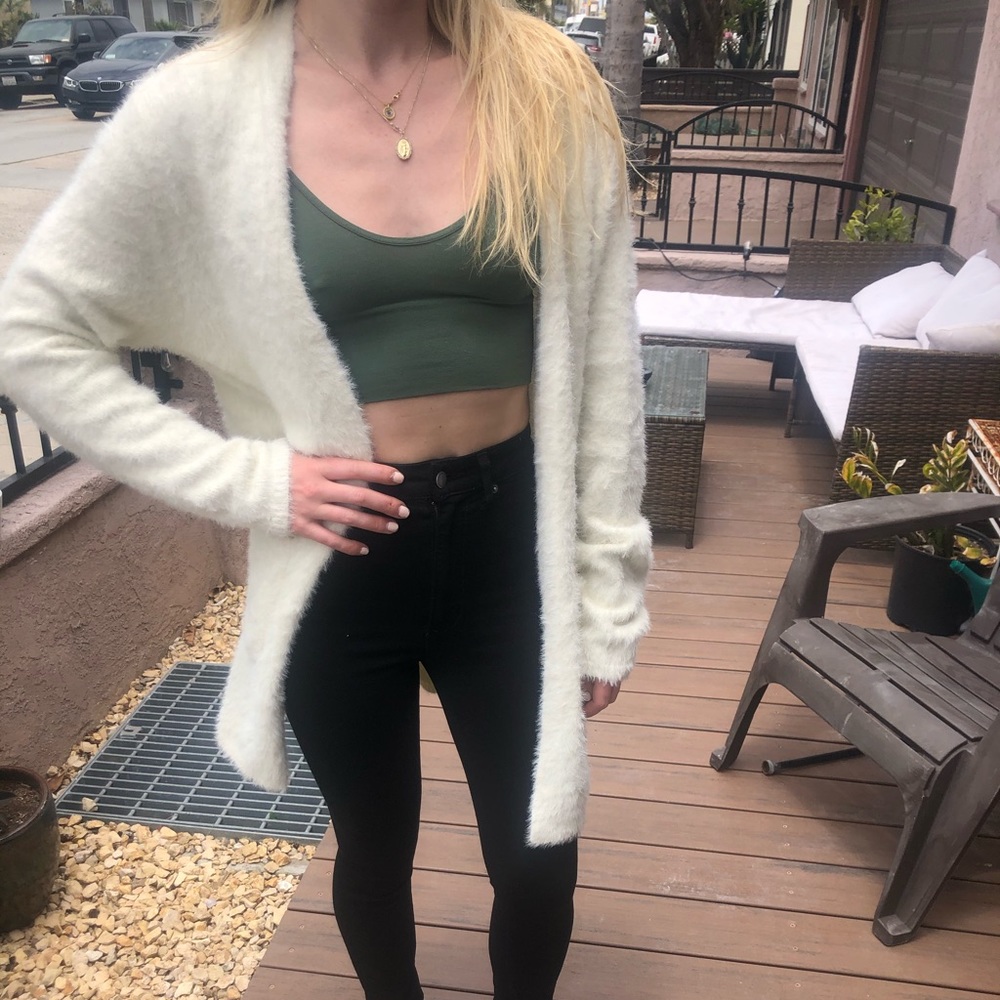 White Long Fuzzy Cardigan